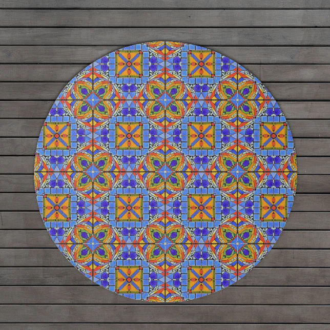 Bright Tile Rug Bright Colors Mosaic Tiles: Blue / Orange Circular Outdoor Rug | Zazzle