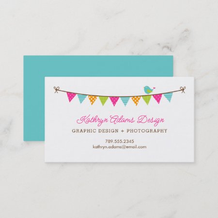 Bright Colors Patterned Bunting And Cute Bird Business Card