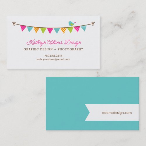 Bright Colors Patterned Bunting and Cute Bird Business Card