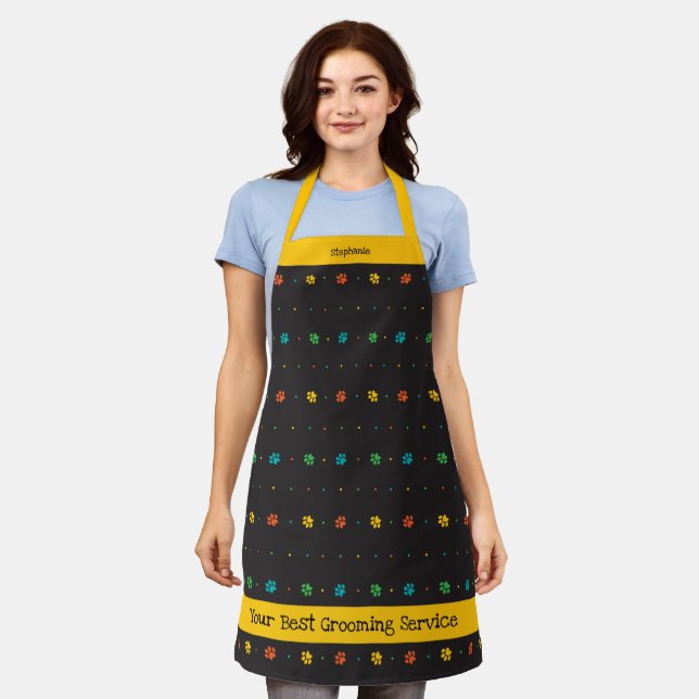 Bright Colors Paw Print Animal Worker Black Apron (Worn)
