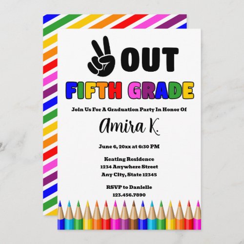 Bright Colors Peace Out 5th Grade Graduation Party Invitation