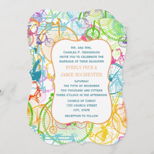 Bright Colors Stylized Vintage Bicycle Wedding Invitation