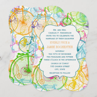 Bright Colors Stylized Vintage Bicycle Wedding Invitation