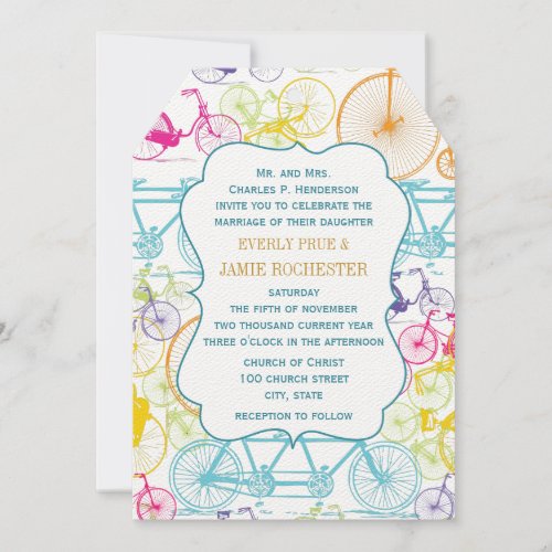 Bright Colors Stylized Vintage Bicycle Wedding Invitation
