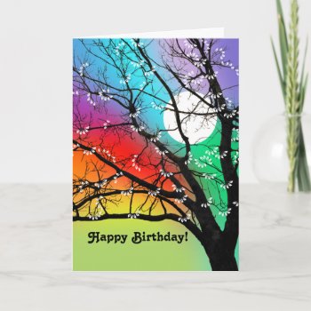 Bright Colors Tree And Moon Birthday Card by AutumnRoseMDS at Zazzle