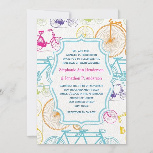 Bright Colors Vintage Bicycle Pattern Wedding Invitation