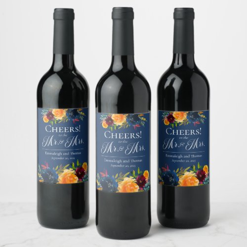 Bright Colors Watercolor Floral Wedding Wine Label