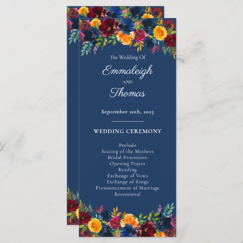Bright Colors Watercolor Navy Blue Floral Wedding Program