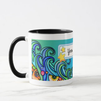 Bright Colors, Waves - Fish Doodles, Personalize Mug