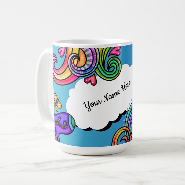 Bright Colors, Whimsical Doodles, Personalizable Coffee Mug (Front Left)