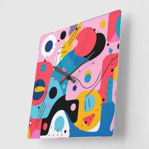 Bright colors whimsical shapes modern geometric square wall clock