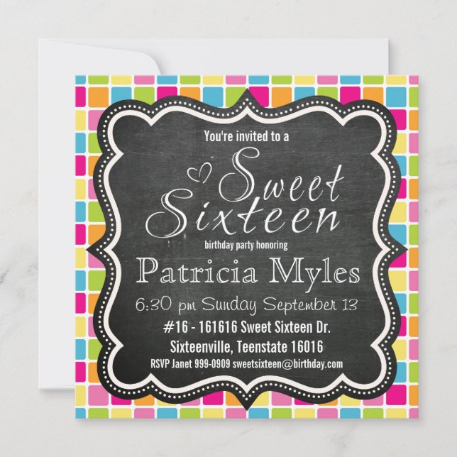 Bright Colors with Chalkboard Sign Sweet 16 Party Invitation (Front)