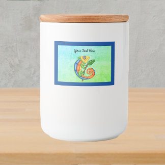Bright Colour Cartoon Cute Lizard Leaf Blue Border Food Label