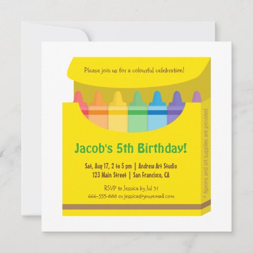 Bright Colourful Crayons Arts Kids Birthday Party Invitation