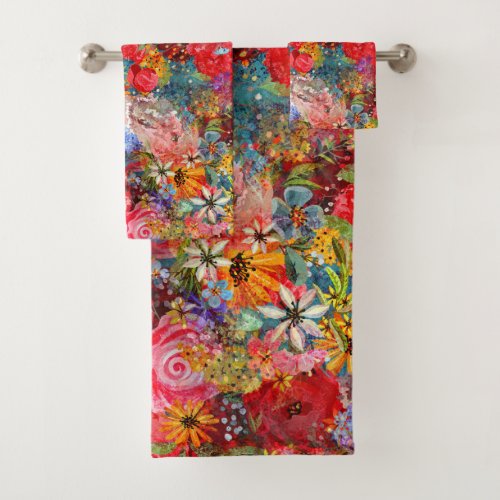 Bright Colourful Large Abstract Floral Pattern Bath Towel Set
