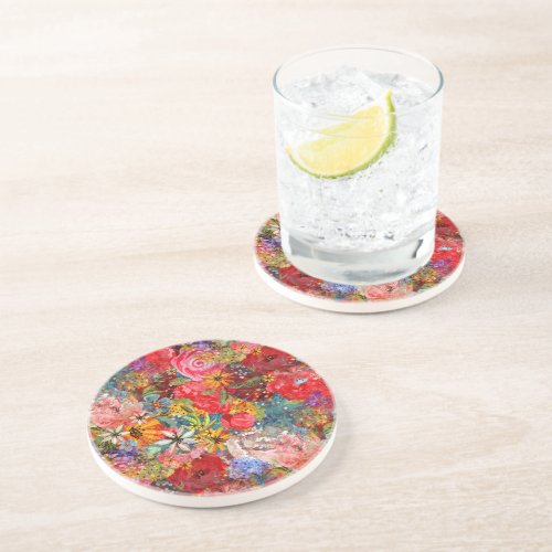 Bright Colourful Large Abstract Floral Pattern Coaster