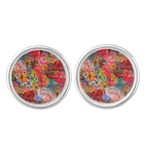 Bright Colourful Large Abstract Floral Pattern Cufflinks