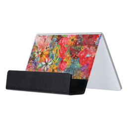 Bright Colourful Large Abstract Floral Pattern Desk Business Card Holder