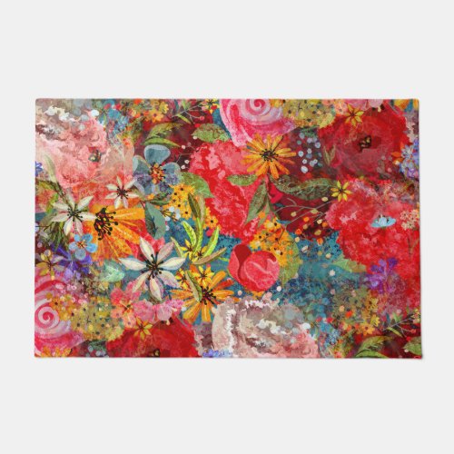 Bright Colourful Large Abstract Floral Pattern Doormat