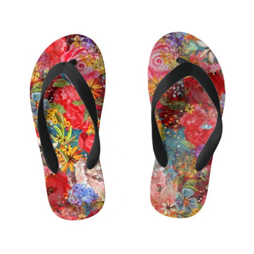 Bright Colourful Large Abstract Floral Pattern Kids Flip Flops