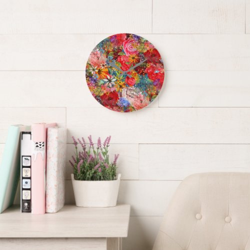 Bright Colourful Large Abstract Floral Pattern Large Clock