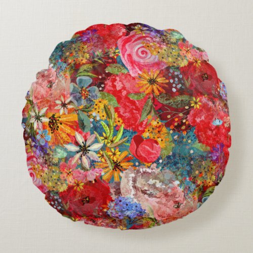 Bright Colourful Large Abstract Floral Pattern Round Pillow