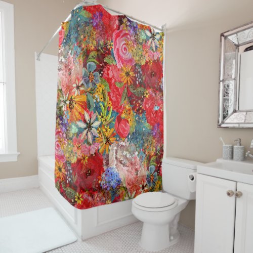Bright Colourful Large Abstract Floral Pattern Shower Curtain