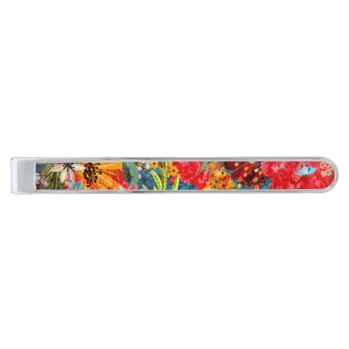 Bright Colourful Large Abstract Floral Pattern Silver Finish Tie Bar