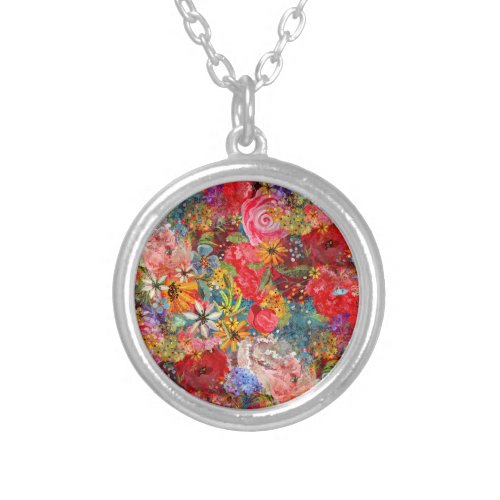 Bright Colourful Large Abstract Floral Pattern Silver Plated Necklace