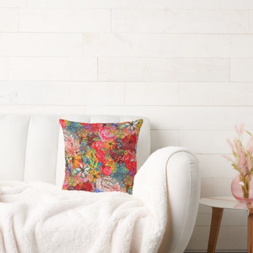 Bright Colourful Large Abstract Floral Pattern Throw Pillow