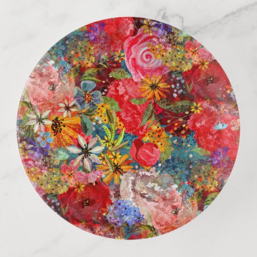 Bright Colourful Large Abstract Floral Pattern Trinket Tray