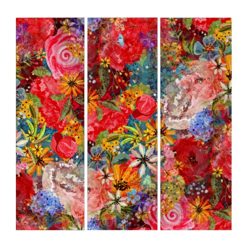 Bright Colourful Large Abstract Floral Pattern Triptych