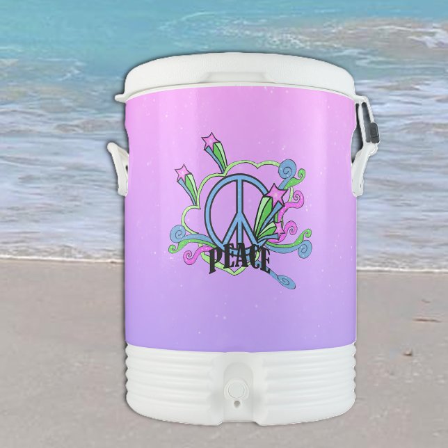Bright Colourful Peace Sign Design Purple Pink Beverage Cooler (Bright colourful peace sign design with scrolls shooting stars on pink and purple Igloo drink cooler)