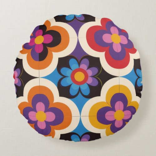 Bright colourful retro vintage abstract floral  round pillow