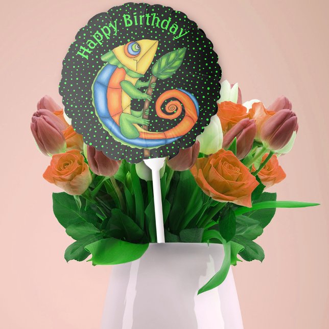 Bright Colours Fantasy Lizard Green Dots Birthday Balloon (Cute lizard holding leaf on a stick in bright colours on black with green dots birthday balloon.)