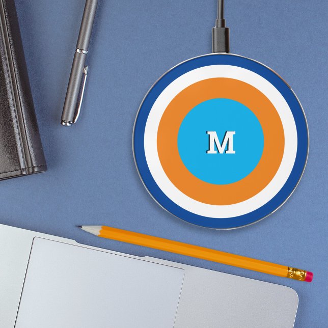 Bright Concentric Circles Monogrammed Geometric Wireless Charger (A wireless charger with concentric circles design and monogram)
