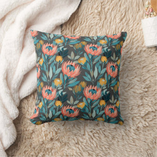 Bright Coral and Teal Protea Florals Throw Pillow