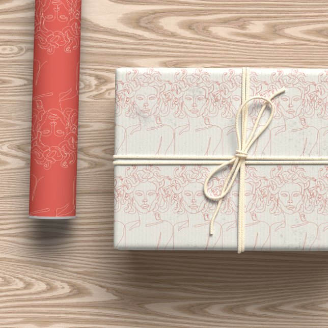 Bright Coral & Cream Medusa Line Art Wrapping Paper Sheets (Creator Uploaded)