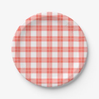 Bright Coral Orange and White Plaid Pattern Paper Plate