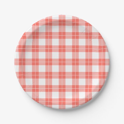 Bright Coral Orange and White Plaid Pattern Paper Plates