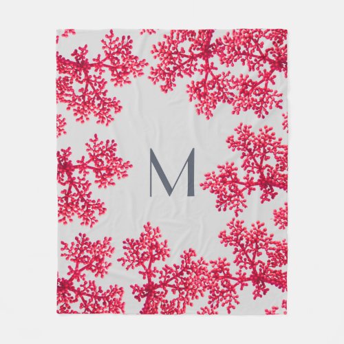Bright Coral Pink Buds Monogram Fleece Blanket