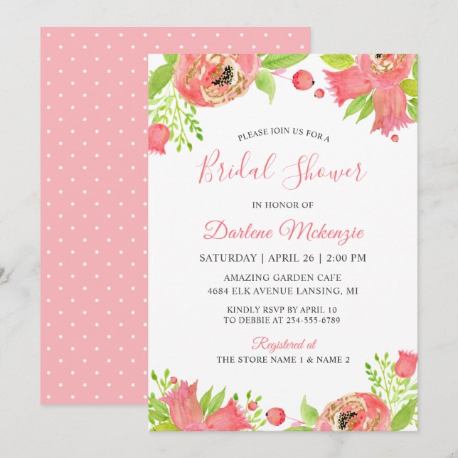 Bright Coral Pink Floral Garden Bridal Shower Invitation (Front/Back)