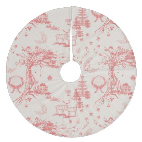 Bright Coral Red Oak  Elk French Toile Fleece Tree Skirt