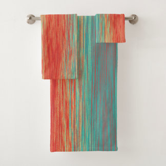 Bright Coral Red Turquoise Abstract Bath Towel Set