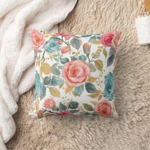Bright Coral & Teal Watercolor Rose Floral Pattern Throw Pillow