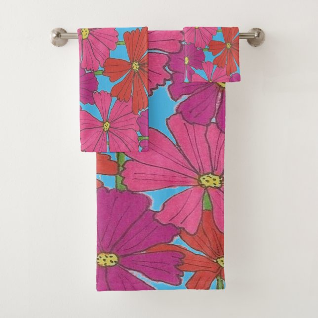 Bright Cosmos Floral Print on Blue  Bath Towel Set (Insitu)
