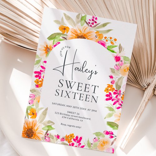Bright Country floral watercolor Sweet 16 Invitation