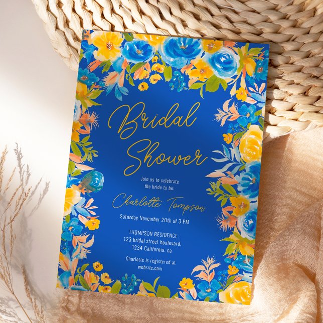 Bright country wild flowers script bridal shower invitation (Bright country wild flowers script bridal shower invitation on blue)