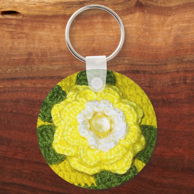 Bright Crystal Yellow Rose Green Crochet Print on Keychain (Front)