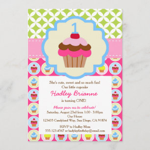 Bright Cupcake 1st Birthday Party Invitation